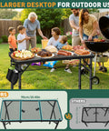 Aluminum Folding Camping Table With 3 Adjustable Heights Up To 27.5 Inches set up with BBQ and family outdoors.