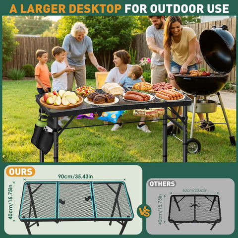 Aluminum Folding Camping Table With 3 Adjustable Heights Up To 27.5 Inches set up with BBQ and family outdoors.
