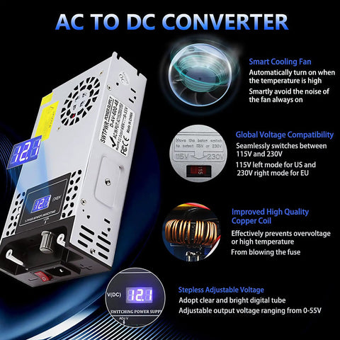 Knob Controlled Adjustable Power Supply 0 To 48V 600W With LED Display showing features like cooling fan and voltage compatibility