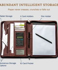 Interior view of Career Game Changer Business Padfolio With Heavy Duty Zipper Closure Crafted From Smooth Pu Vegan Leather Featuring A Roomy 101 Inch Tablet Sleeve Built In Solar Calculator And Clever Desk Organizer For Bosses In Rich Brown, showing storage pockets and solar calculator.