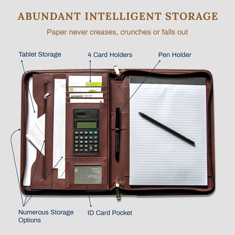 Interior view of Career Game Changer Business Padfolio With Heavy Duty Zipper Closure Crafted From Smooth Pu Vegan Leather Featuring A Roomy 101 Inch Tablet Sleeve Built In Solar Calculator And Clever Desk Organizer For Bosses In Rich Brown, showing storage pockets and solar calculator.