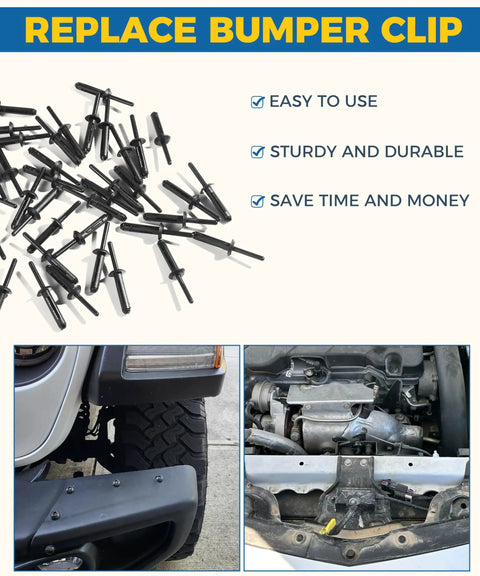 Hella Tough Heavy Duty Plastic Rivets Auto Body Repair 50 Pack, black rivets for bumper and fender liner replacement.