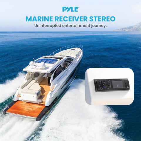 12V Marine Bluetooth Receiver Stereo for Boats in use on a yacht with inset of digital LCD display.