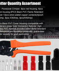 Beefed Up Ratcheting Wire Crimping Kit with 1 crimper, connectors, and quick disconnect battery terminals displayed.