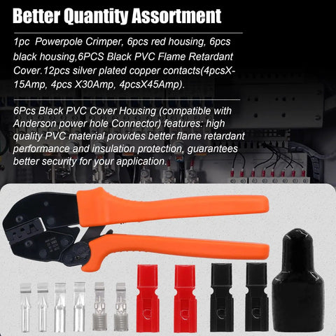 Beefed Up Ratcheting Wire Crimping Kit with 1 crimper, connectors, and quick disconnect battery terminals displayed.
