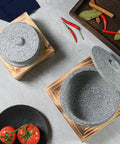 Dolsot Style Granite Stone Bowl With Lid 14 Cm Retains Heat For Bibimbap Soups Stews Hot Pot And Rice Great For Restaurants Or Home Use with wooden holder, shown open and closed