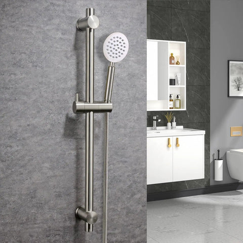 24 Inch Shower Slide Bar With Adjustable Holder Stainless Steel Wall Mount Sliding Bar In Brushed Nickel Finish Game Changing Upgrade For Your Bathroom Rust Resistant Easy Install shown mounted in modern bathroom setting