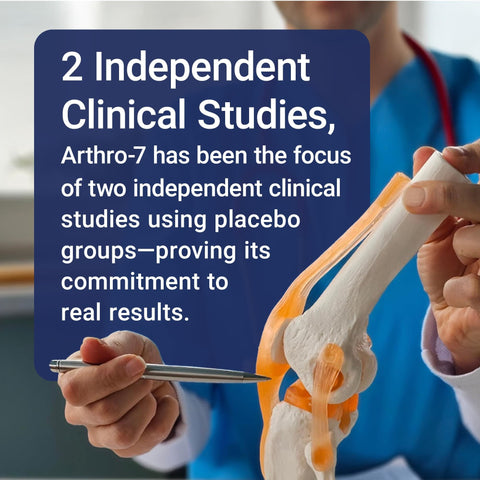 Doctor holding model of knee joint with text about clinical studies for Joint Support That Feels Legit With Turmeric MSM Collagen And Bromelain