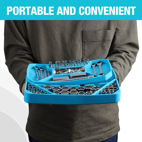 Man holding 2-Piece Silicone Tool Tray Set With Non-Slip Flexible Organizer And Magnetic Tray Large Capacity Storage