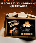 Box of mini fire wood sticks with 12 fire starters showing kiln dried pine, 3.5 inch length, clean burning.