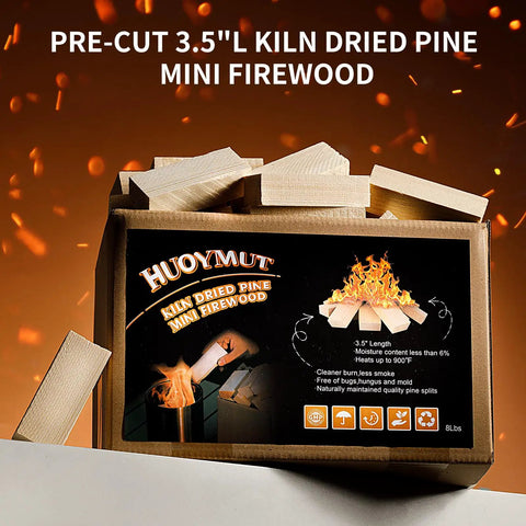 Box of mini fire wood sticks with 12 fire starters showing kiln dried pine, 3.5 inch length, clean burning.