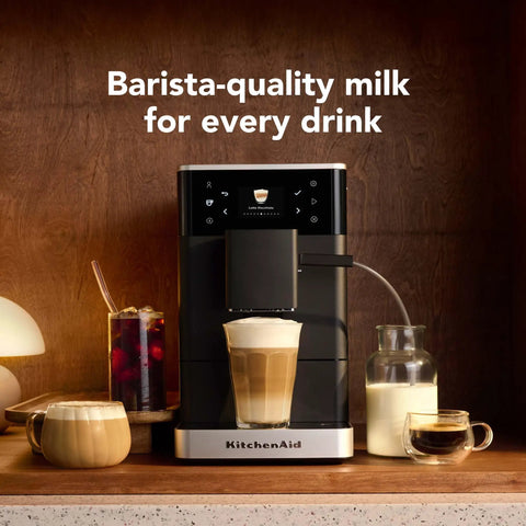 Compact Fully Automatic Espresso And Iced Coffee Maker With One Touch Brewing High Pressure Pump And Rapid Milk Frother with milk and coffee drinks