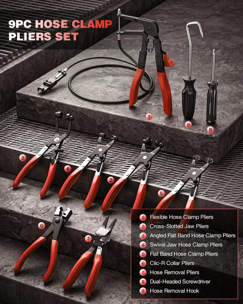 Heavy Duty Hose Clamp Pliers Set 9Pc Kit for Car Engine Repairs and DIY displayed with tools on steps.