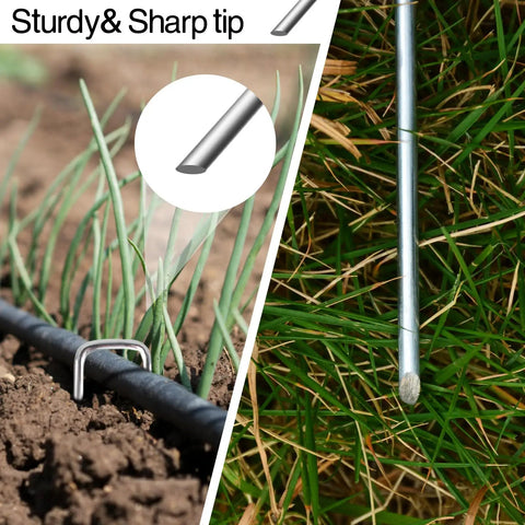 Heavy Duty 5 Inch Galvanized Landscape Staples Pack Of 80 for Weed Barrier Fabric shown installed in soil, close-up view
