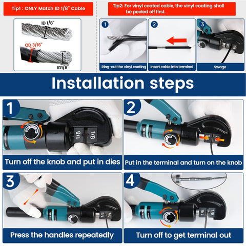 Installation steps of Upgraded Hydraulic Cable Railing Crimping Tool For One Eighth Inch Stainless Steel Cable Railing Kit