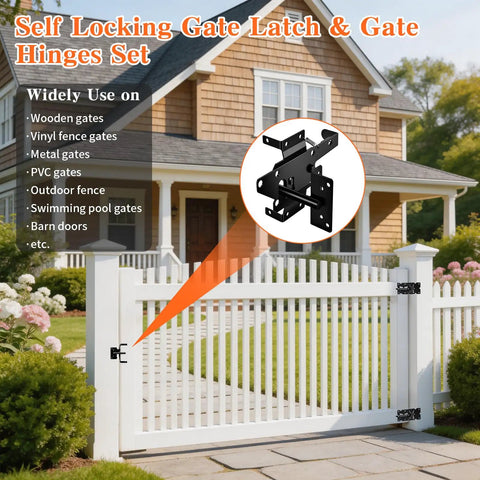 Self Closing Gate Hinge And Latch Kit For Vinyl And Wood Fence Gates Kid Safe Heavy Duty Gate Hardware With Self Locking Latch Adjustable Hinges And Included Screws 2 Latches And 4 Hinges Easy Installation on white vinyl gate