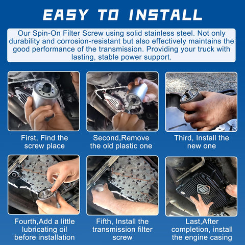 Stainless Steel Spin On Filter Screw Upgrade For 68RFE Transmission In Dodge Ram 2500 3500 With Cummins 6.7L Diesel No Fuss Easy Install Heavy Duty Replacement That Replaces Fragile Plastic Screws And Keeps Your Truck Rolling. 68RFE install steps