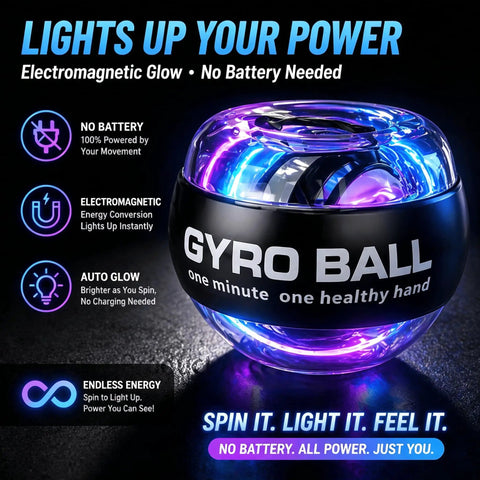 Grip Strength Gyro Ball Exerciser With LED Lights No Batteries Needed Portable Carry Bag, glowing gyro ball close-up