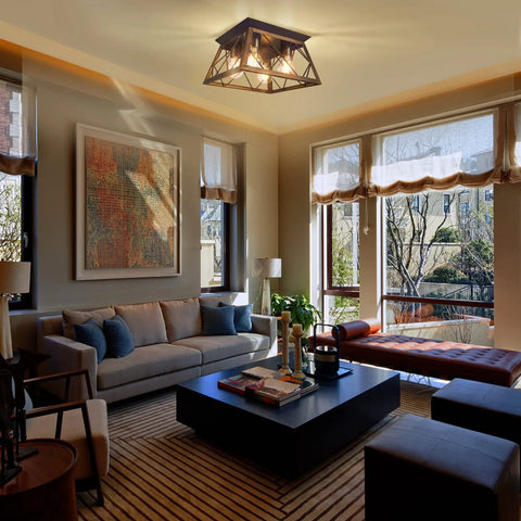 Living room with 4 Light Industrial Farmhouse Flush Mount Ceiling Light Fixture With Wood Frame And Square Cage Close To Ceiling