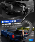 Before and after use of Dodge Ram Tailgate Lift Assist Kit For 2009-2025 Ram 1500 2500 3500, showing easy one-hand close.