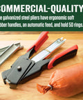 Spring Loaded Hog Ring Pliers Kit with 100 Galvanized Rings, red and black handles, heavy duty carbon steel on table