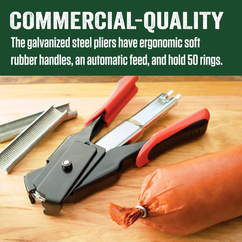 Spring Loaded Hog Ring Pliers Kit with 100 Galvanized Rings, red and black handles, heavy duty carbon steel on table