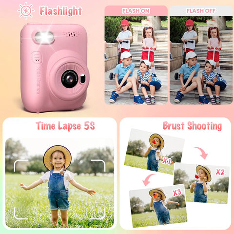 Instant Print Camera For Kids With Three Inch HD Screen 32MP Photos And 1080P Video Built In Flash Filters And Frames Time Lapse Burst Shot MP3 Music Player And Fun Modes For Creative Young Photographers pink camera