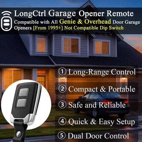 Replacement Intellicode Garage Door Opener Remote For 1995 Overhead Openers displayed in front of a house.