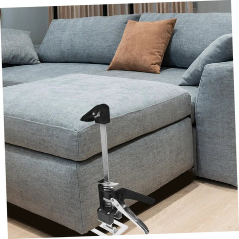 No Fuss Heavy Duty Manual Furniture Lifter 2 Pack Appliance Jack propping up a sectional sofa in a modern living room.