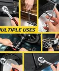 Collage showing multiple uses of Beefy 108 Piece Mechanics Tool Set With Metric And Standard Sockets One Quarter Inch And One Half Inch Ratchet Set Universal Joint Extension Bars Quick Release Reversible Ratchet Wrench And Plastic Toolbox Storage.