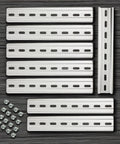 8 Piece Slotted Aluminum DIN Rail Kit 8 Inch Long 35mm Wide Includes Stainless Steel Screws For Mounting Relays Contactors Circuit Breakers And Terminal Blocks RoHS Compliant arranged in a row