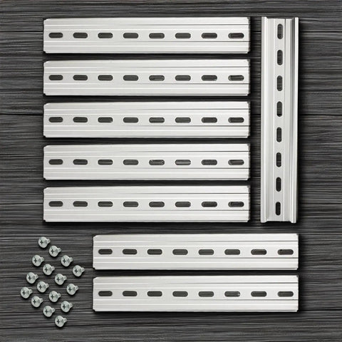8 Piece Slotted Aluminum DIN Rail Kit 8 Inch Long 35mm Wide Includes Stainless Steel Screws For Mounting Relays Contactors Circuit Breakers And Terminal Blocks RoHS Compliant arranged in a row