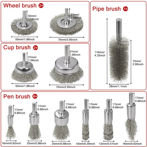 Eleven Piece Drill Wire Brush Set With One Quarter Inch Round Shank For Beating Paint And Rust Off Metal And Wood; includes wire cup brushes, wheel brushes, pen brushes, and pipe brush shown with dimensions.