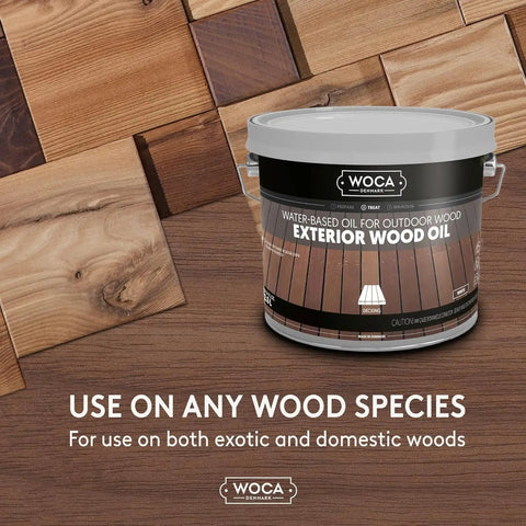 Exterior Wood Oil For Outdoor Surfaces A Water Based Penetrating Stain That Really Soaks In Deep For Decks Fences Siding And Outdoor Furniture Natural Finish 2.5L displayed on a wood background