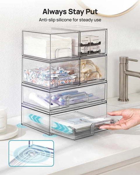 Stackable Storage Drawers Set Of Six Clear Plastic Organizer Bins Game Changer For Small Spaces Slick Design With Built In Handles Perfect For Bathroom Cabinet Pantry And Laundry Room Keep Things Crisp