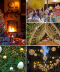 Collage of festive Christmas decorations including trees, lights, and ornaments in various indoor and outdoor settings.