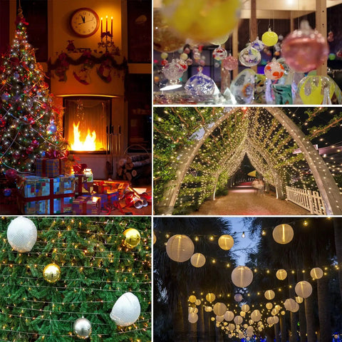 Collage of festive Christmas decorations including trees, lights, and ornaments in various indoor and outdoor settings.