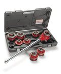 Ridg 12r Exposed Ratchet Pipe Threader Kit With Two-Piece Dies For Half Inch To One And A Quarter Inch Npt Pipes Including Sturdy Carry Case, showcasing tools in a rugged carrying case.