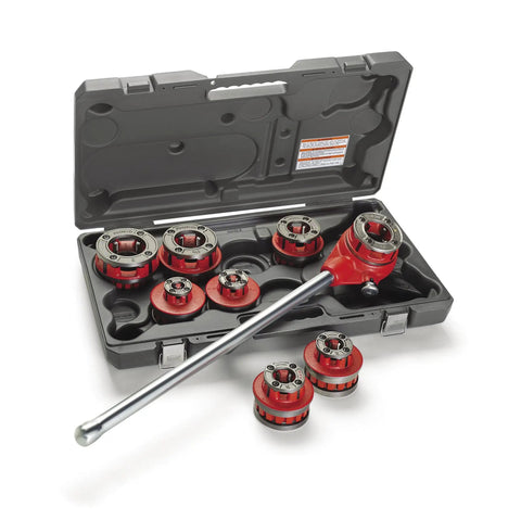 Ridg 12r Exposed Ratchet Pipe Threader Kit With Two-Piece Dies For Half Inch To One And A Quarter Inch Npt Pipes Including Sturdy Carry Case, showcasing tools in a rugged carrying case.