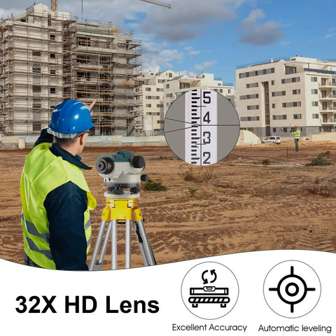 Surveyor using 32X Automatic Optical Level Kit With Self Leveling Magnetic Dampened Compensator And Transport Lock on construction site