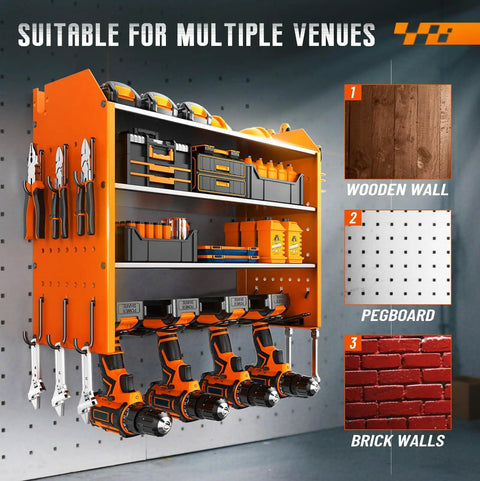 Power Tool Organizer Wall Mount With Charging Station Four Tier Garage Storage Rack Including Cordless Drill Holders And Side Tool Racks For Pliers Hammers And More Orange