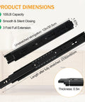 Two Pairs Of 12 Inch Heavy Duty Drawer Slides With Three Section Full Extension Ball Bearing Glide Side Mount Soft Close 100 Lb Capacity For Dresser Cabinet And Kitchen, showing dimensions and features.