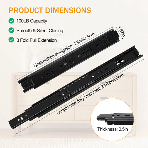 Two Pairs Of 12 Inch Heavy Duty Drawer Slides With Three Section Full Extension Ball Bearing Glide Side Mount Soft Close 100 Lb Capacity For Dresser Cabinet And Kitchen, showing dimensions and features.