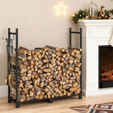 Adjustable Firewood Rack With Cover For Indoor And Outdoor Use, Heavy Duty Log Holder by a fireplace, S Shaped Hooks visible.
