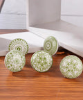 Green White Ceramic Cabinet Knobs Set Of 10 Hand Painted Printed Drawer Pulls For Kitchen Cabinets And Furniture 55mm Height 38mm Diameter Decorative Hardware, front view