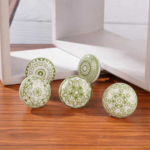 Green White Ceramic Cabinet Knobs Set Of 10 Hand Painted Printed Drawer Pulls For Kitchen Cabinets And Furniture 55mm Height 38mm Diameter Decorative Hardware, front view