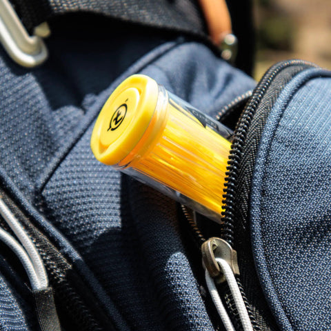 Unbreakable Yellow Plastic Golf Tees 3 1/8 Inch 4 Pack With Consistent Height For Longer Straighter Drives in a bag pocket