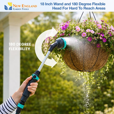 18 Inch Heavy Duty Metal Watering Wand With Nine Spray Patterns watering hanging basket, flexible 180 degree head
