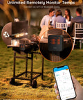 WiFi Meat Thermometer With 4 Probes on grill with app alerts and remote monitoring, shown in outdoor setting