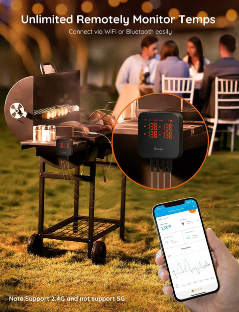 WiFi Meat Thermometer With 4 Probes on grill with app alerts and remote monitoring, shown in outdoor setting